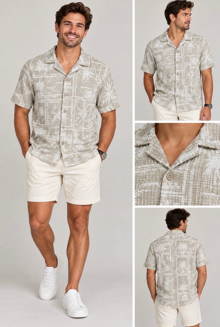 Malibu by Drill Clothing Co Men’s Medium Textured Camp Shirt Taupe Ecru NWT